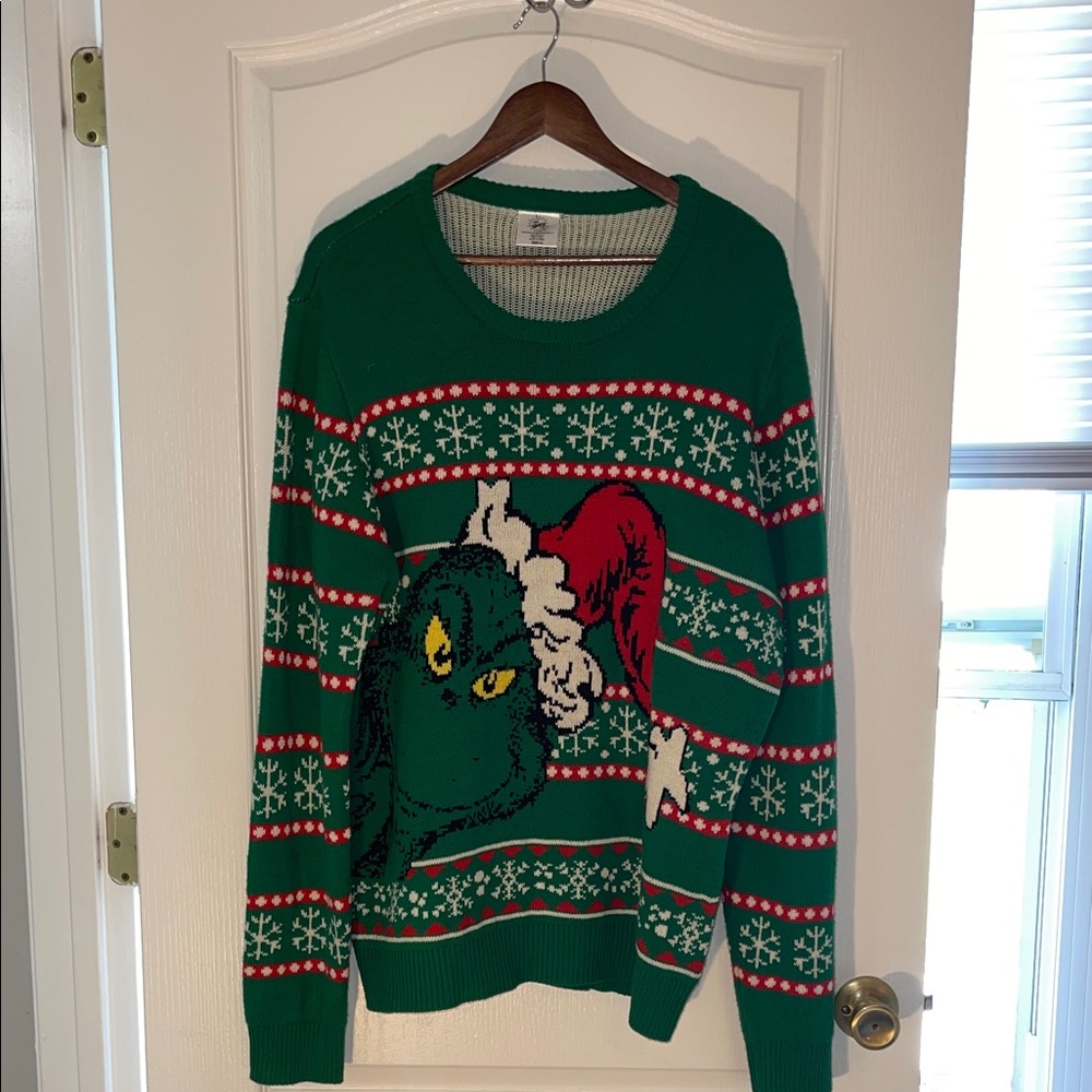 Green Holiday Crewneck Sweater with Red and White Snowflake Design